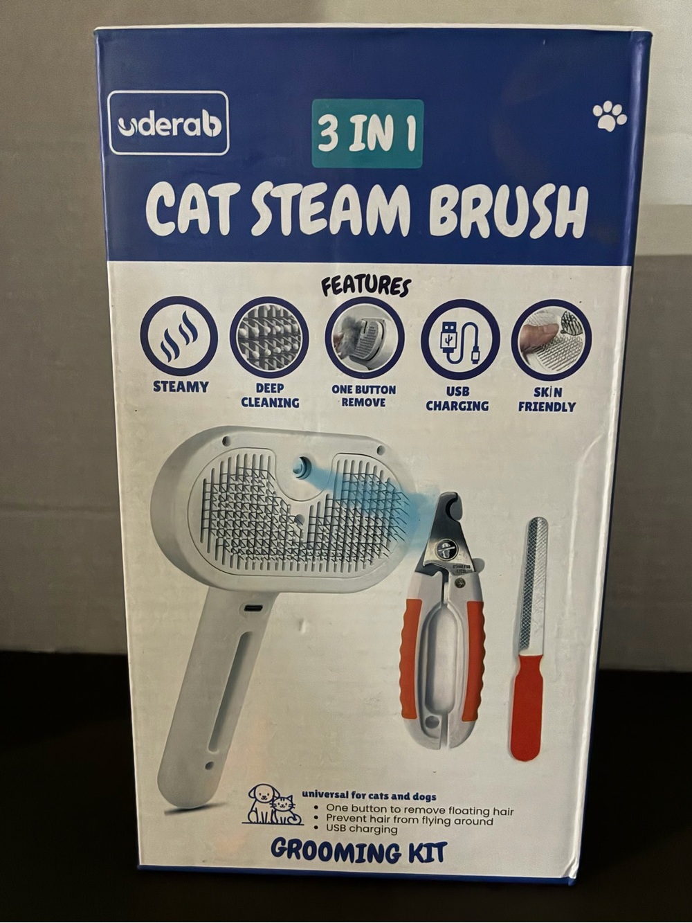 Uderab 3-in-1 Cat Steam Brush Grooming Kit — White and Red